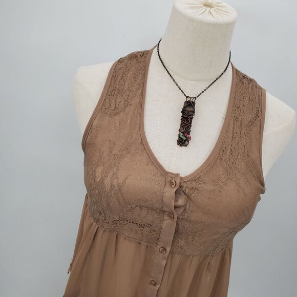 Taylor & Sage Womens Long Lace Button Front Tank Top Size XS Brown Sheer Boho - Picture 5 of 14